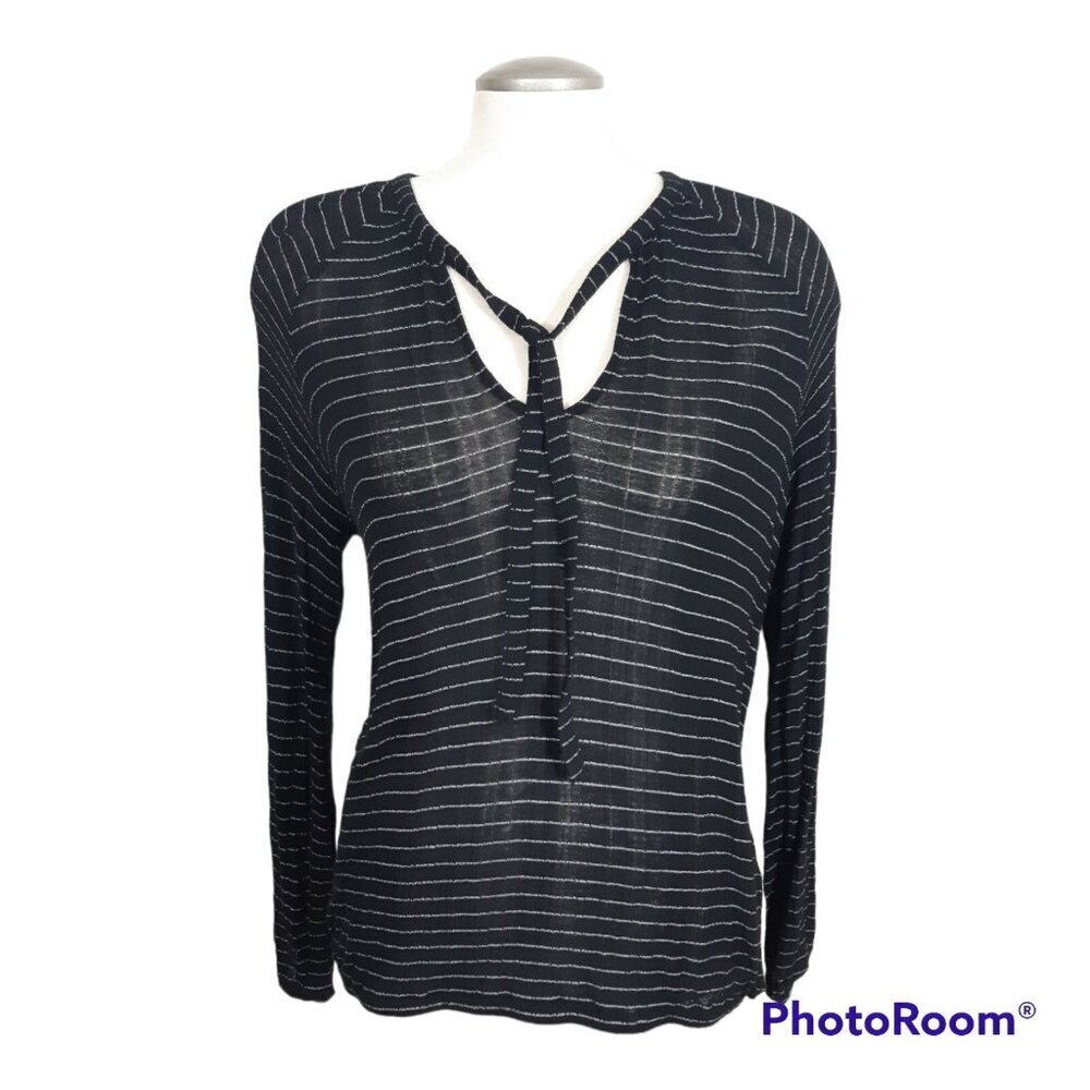 Lucky Brand Top Womens Large Tie Neck Keyhole Semi Sheer Boho Black White Stripe